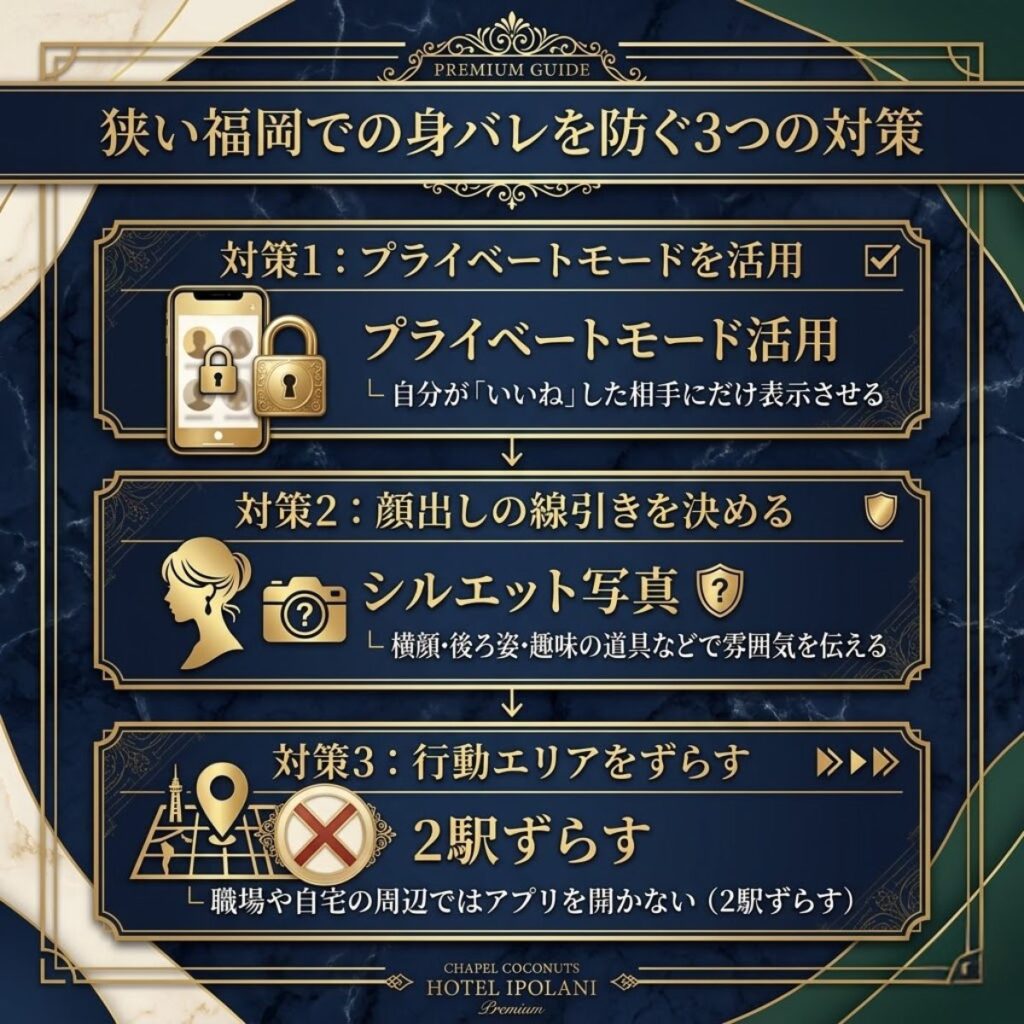 福岡での身バレを防ぐ3つの対策を図解。プライベートモードの活用、顔出しの制限、行動エリアをずらす方法を解説
