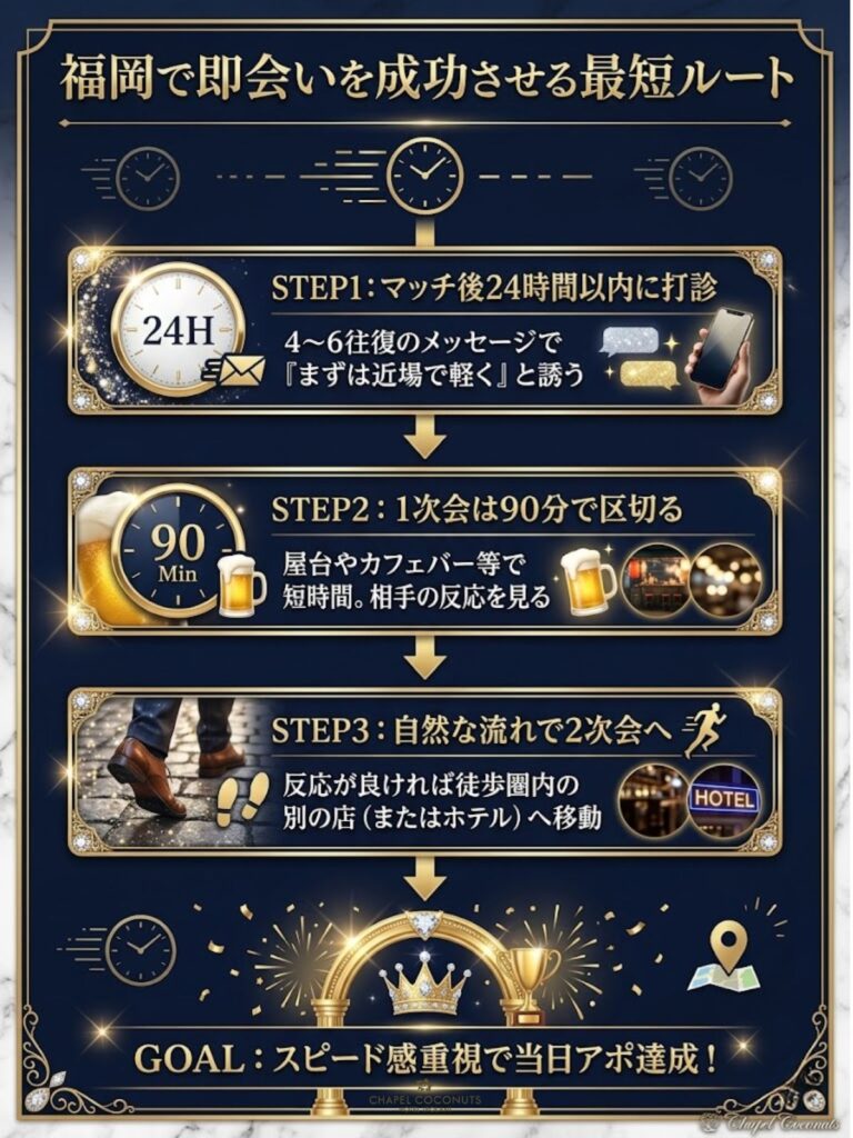 福岡で即会いを成功させるステップを図解。24時間以内の打診から、90分で区切る1次会、自然な流れでの2次会への動線