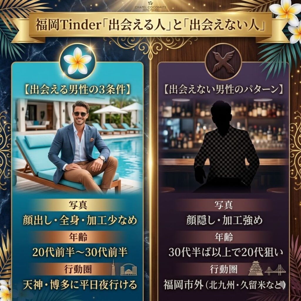 福岡Tinderで出会える人と出会えない人の違い。写真、年齢、行動圏の3つの条件で明暗が分かれることを対比