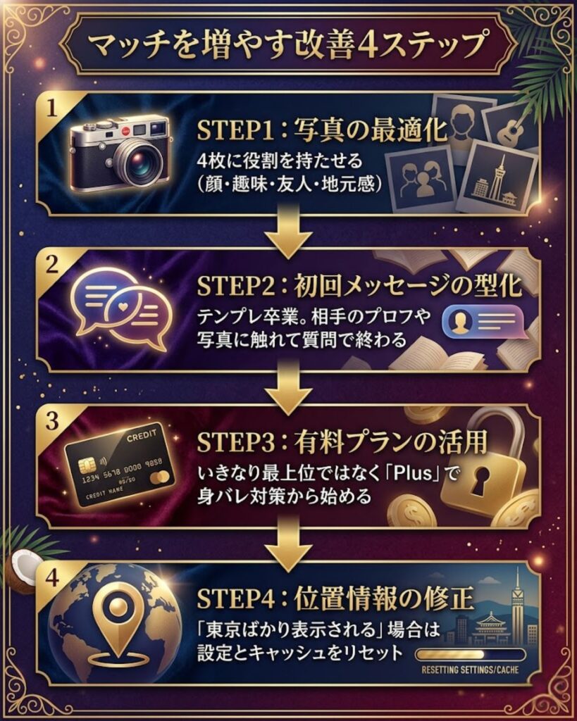 福岡Tinderでマッチを増やす4ステップ。写真の最適化、初回メッセージの型化、有料プランの活用、位置情報の修正の順に進める