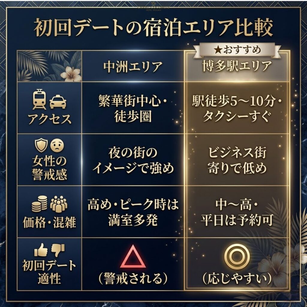 中洲エリアと博多駅エリアのラブホ比較表。アクセス、警戒感、価格、初回デート適性の4項目で比較し、博多駅エリアを推奨
