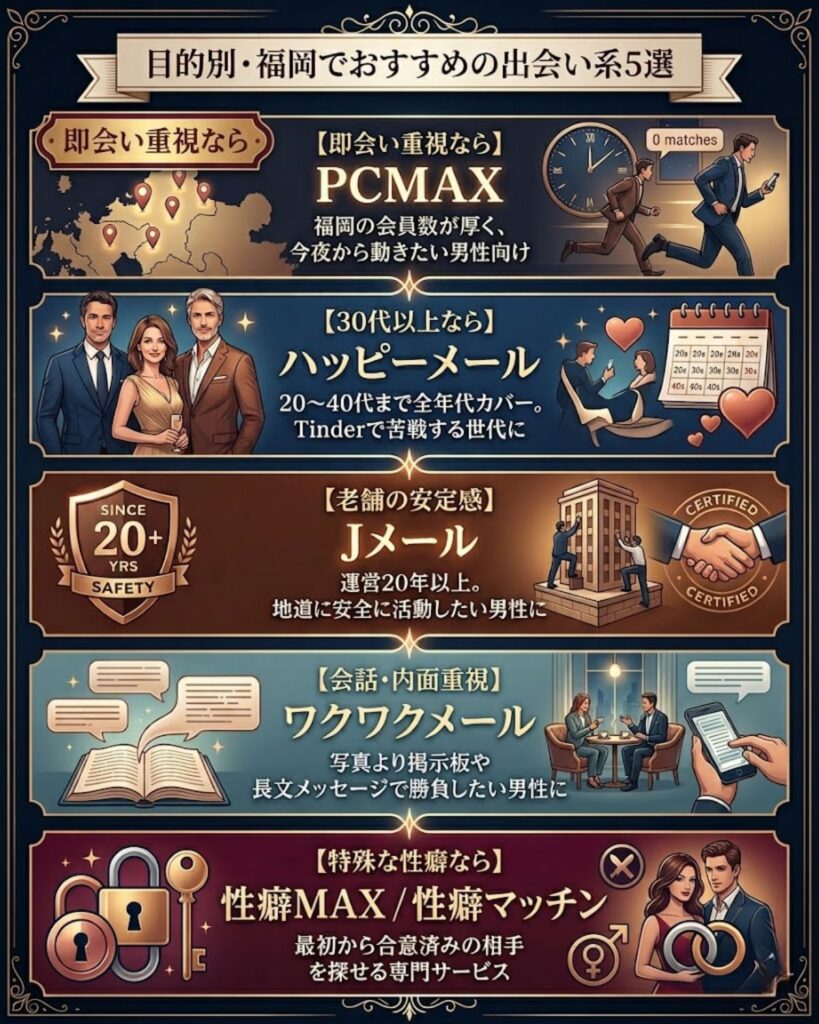 福岡でおすすめの出会い系アプリ5選。即会いならPCMAX、30代以上はハッピーメール、安定感のJメール、会話重視のワクワクメール、性癖特化の性癖MAX