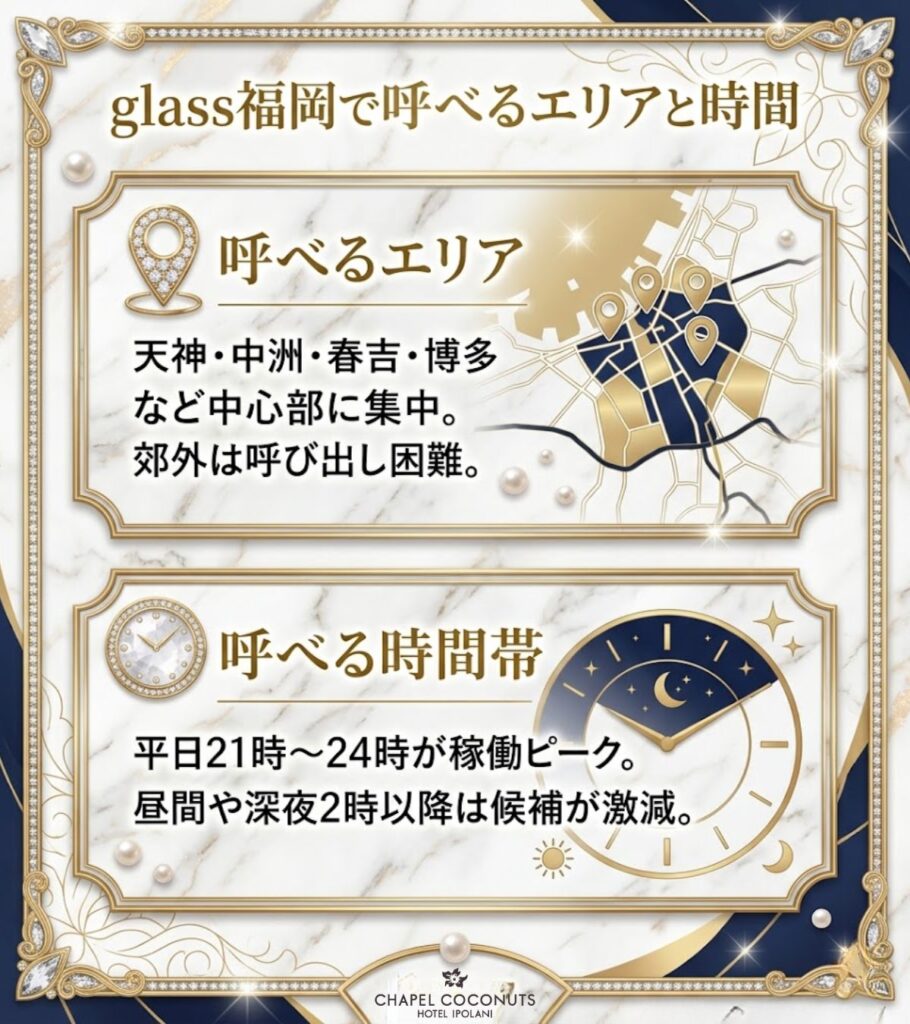 glass福岡で呼べるエリアと時間帯を図解。天神・中洲など中心部での利用や平日21〜24時の稼働ピークについて整理