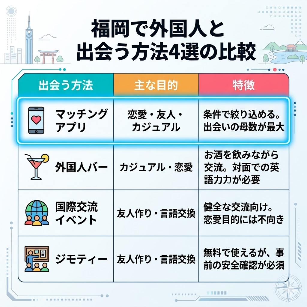 福岡で外国人と出会う方法4選の比較表。アプリ、バー、イベント、ジモティーの特徴と向いている目的を整理