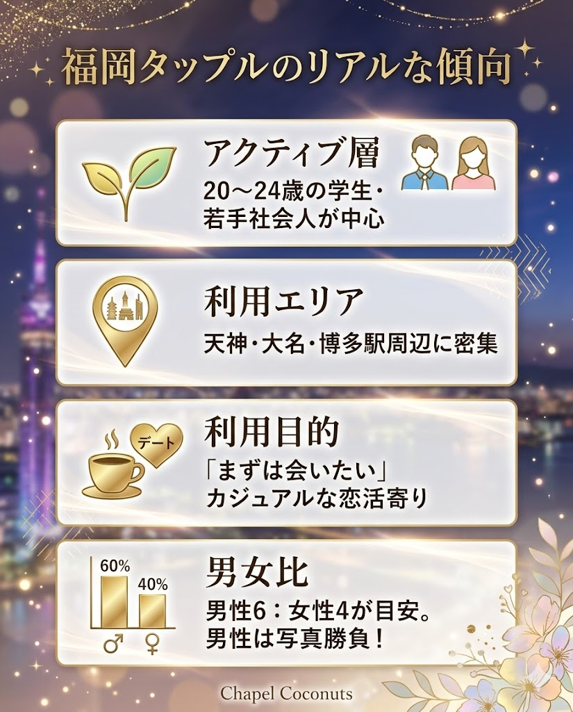福岡タップルの利用傾向を図解。20〜24歳が中心で、天神・博多エリアに集中。カジュアルな恋活目的が多く、男女比は男性がやや多め