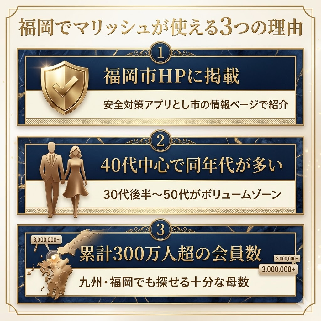 福岡でマリッシュが使える3つの理由を図解。福岡市HPへの掲載、40代中心の会員層、累計300万人超の母数について整理。