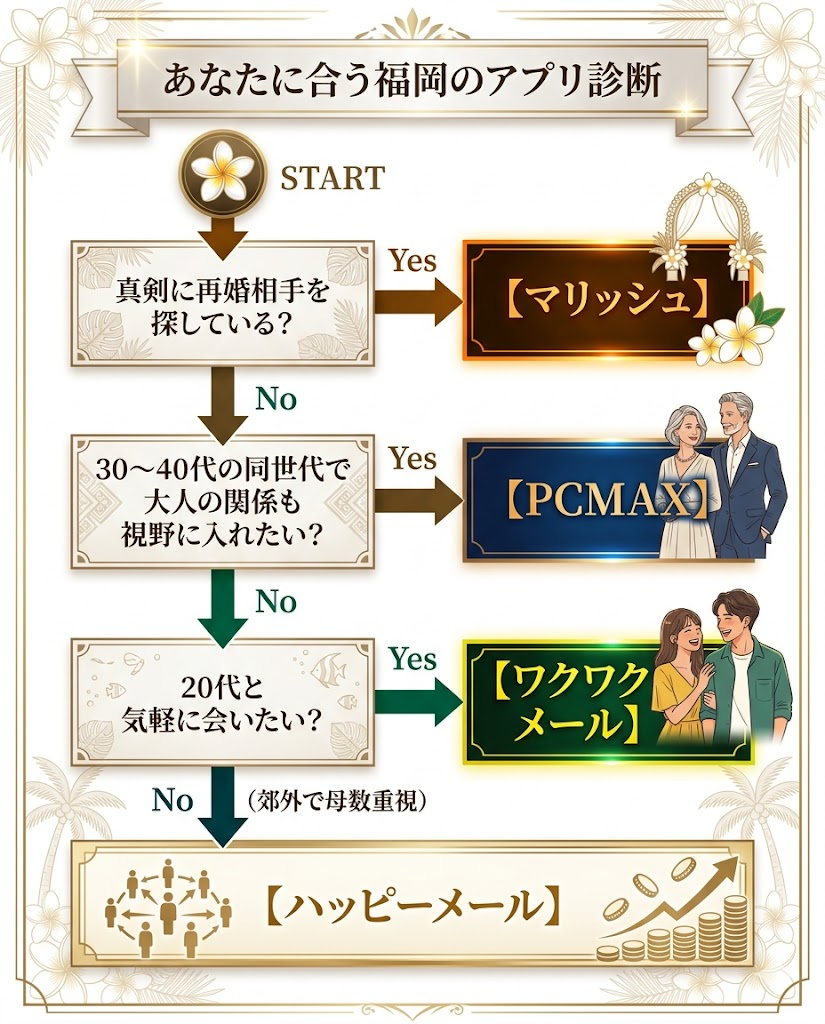 あなたに合う福岡のアプリ診断チャート。真剣再婚ならマリッシュ、大人の関係ならPCMAX、気軽さならワクワクメール、郊外ならハッピーメールへ分岐。