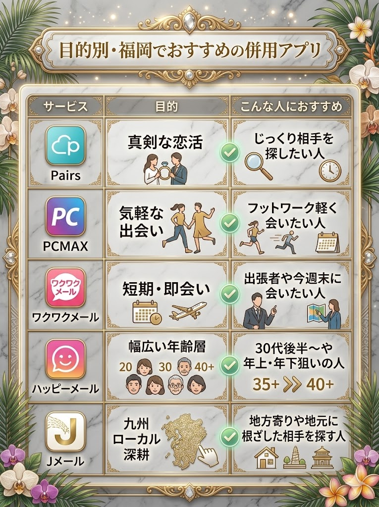 福岡でおすすめの併用アプリ比較表。Pairs、PCMAX、ワクワクメール、ハッピーメール、Jメールの目的とおすすめな人を整理