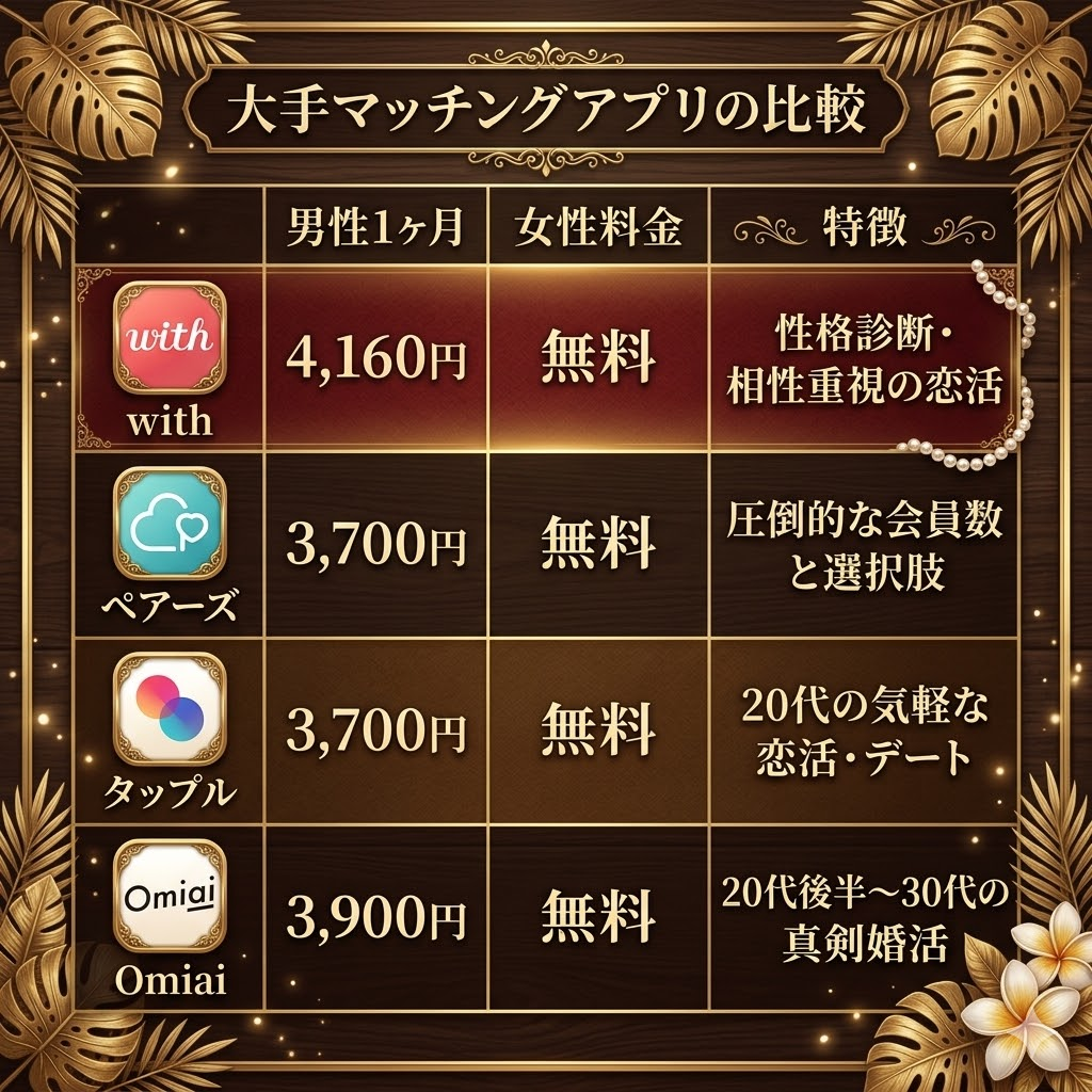 大手マッチングアプリの料金と比較表。with、ペアーズ、タップル、Omiaiの男性月額料金、女性料金、それぞれの特徴を比較
