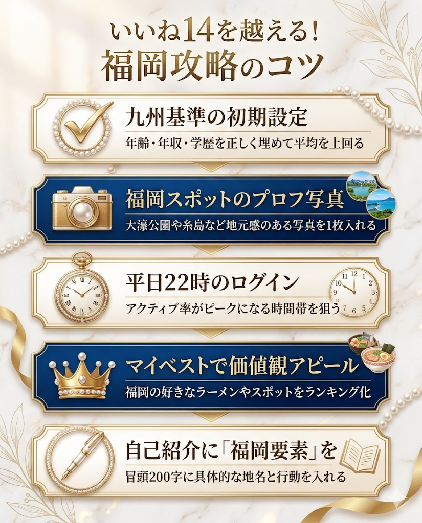Omiai福岡でいいねを集めるコツ。初期設定、福岡スポットの写真、平日22時のログイン、マイベスト活用、自己紹介への福岡要素追加の5つを図解。