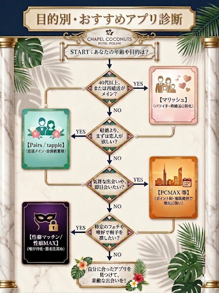 Omiaiが合わなかった人向けの目的別おすすめアプリ診断フロー。再婚活ならマリッシュ、恋活ならPairs、即会いならPCMAX、ニッチ嗜好なら性癖マッチンを提案。