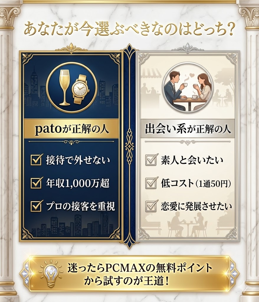 patoが向いている人と、PCMAX等の出会い系アプリが向いている人の特徴を比較したチェックリスト