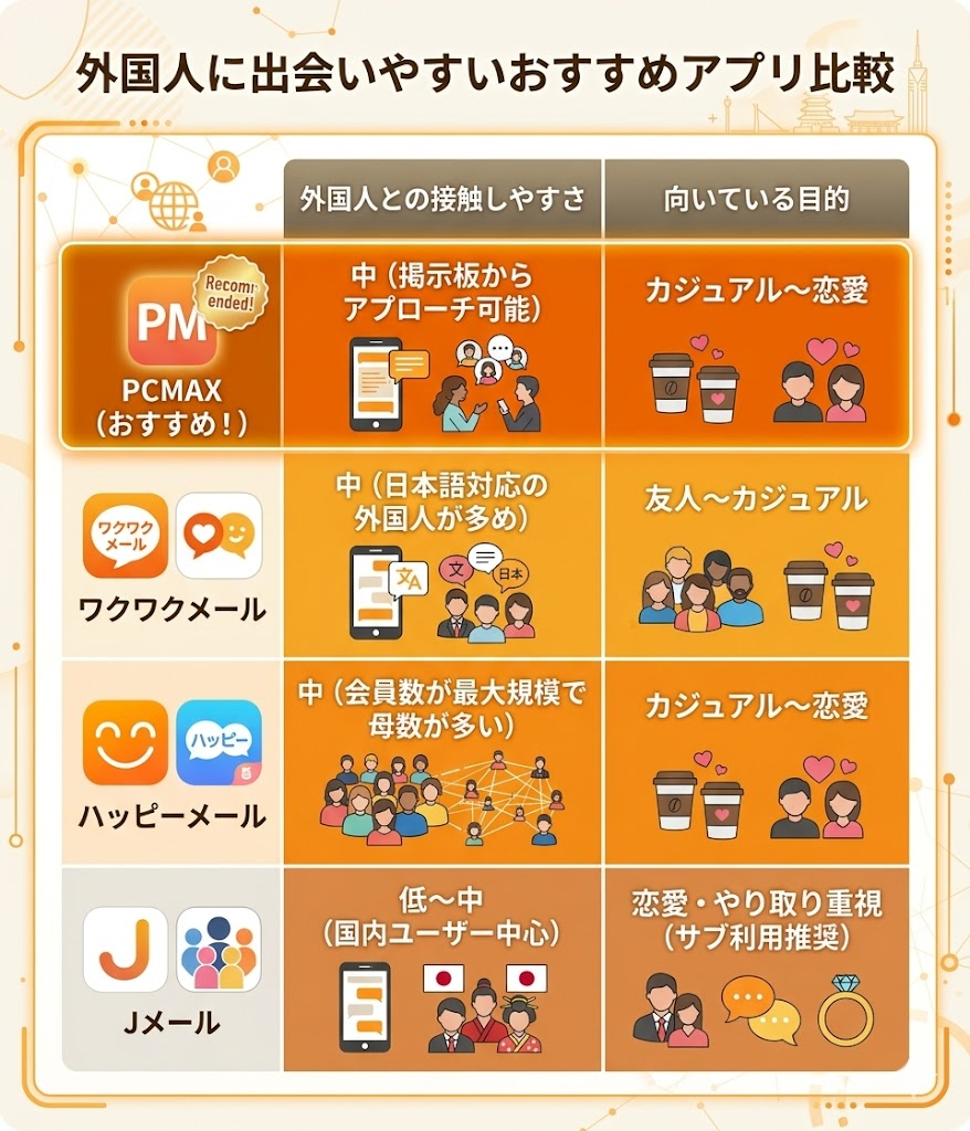 外国人に出会いやすいおすすめマッチングアプリの比較表。PCMAX、ワクワクメール、ハッピーメール、Jメールの接触しやすさと目的を整理