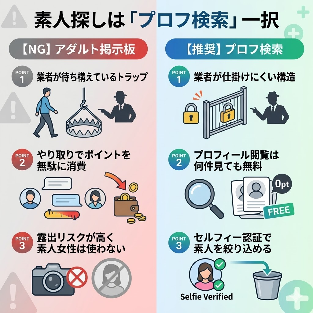 ワクワクメールの探し方比較。業者が多い掲示板はNG、素人を絞り込めるプロフ検索が推奨であることを図解