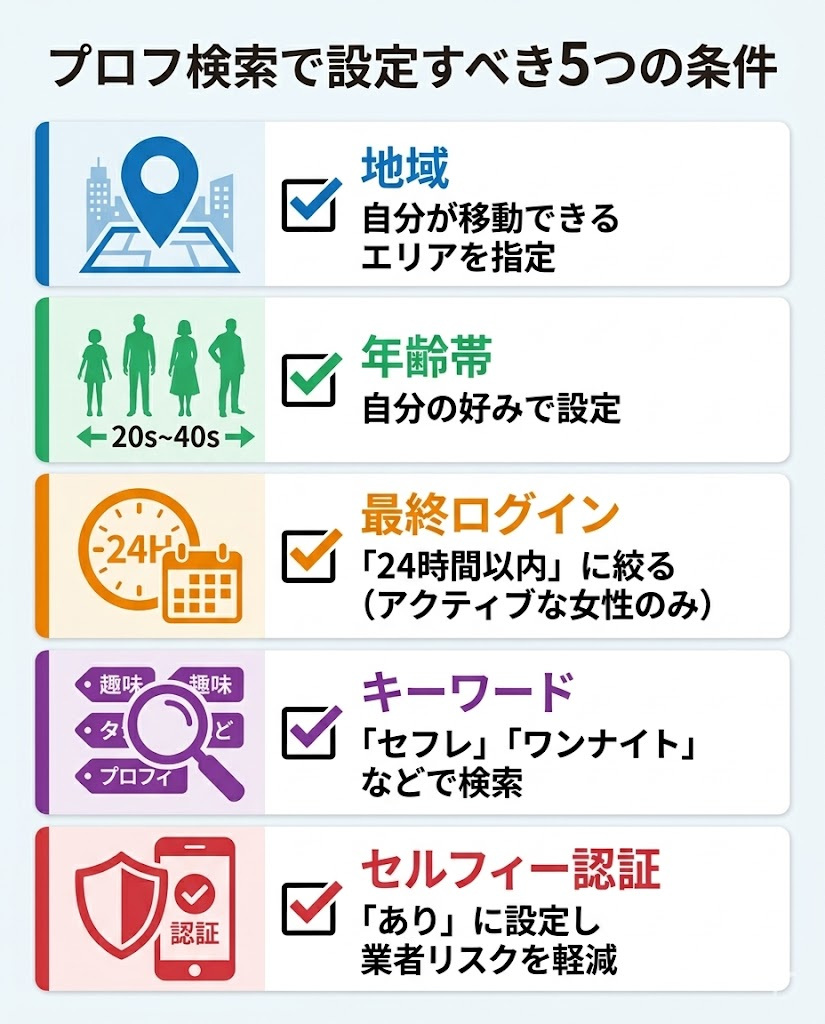 プロフ検索の5つの条件。地域、年齢帯、24時間以内のログイン、キーワード、セルフィー認証ありを設定する手順を図解