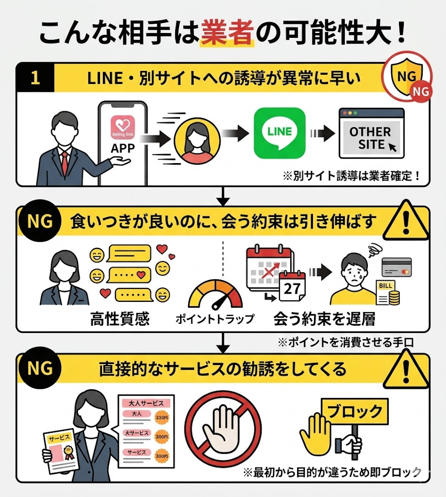 業者の特徴を図解。LINEや別サイトへの早い誘導、会う約束の引き伸ばし、サービス勧誘がある場合は業者の可能性が高いことを警告