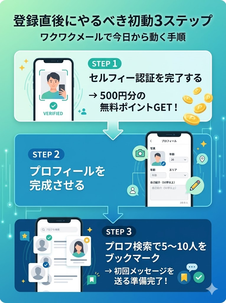 ワクワクメール登録後の初動ステップを図解。セルフィー認証、プロフィールの完成、プロフ検索でのブックマークの3ステップ
