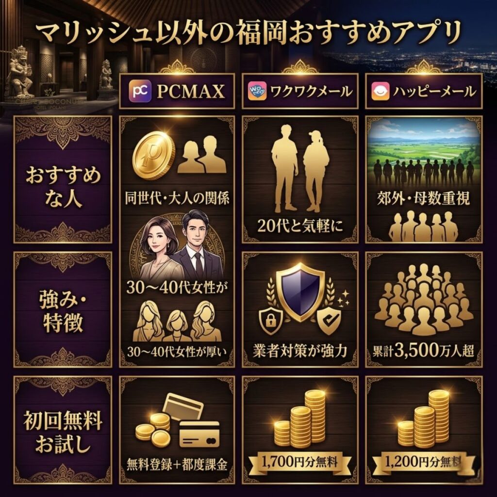 マリッシュ以外の福岡おすすめアプリ比較表。同世代向けのPCMAX、20代向けのワクワクメール、郊外向けのハッピーメールを目的別に比較。