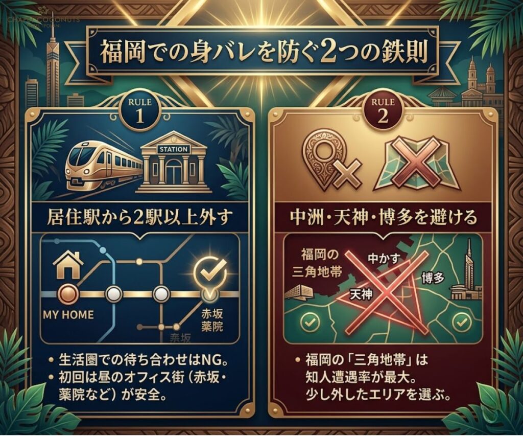 福岡での身バレを防ぐ2つの鉄則を図解。居住駅から2駅外すこと、遭遇率の高い中洲・天神・博多の三角地帯を避けることを解説。