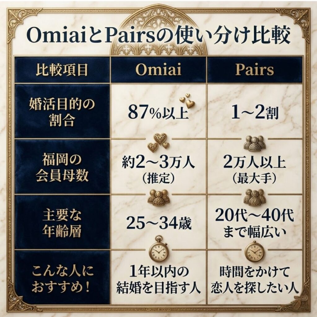 OmiaiとPairsの使い分け比較表。婚活目的の割合、福岡の会員母数、主要年齢層、おすすめな人の4項目で両アプリの違いを比較。