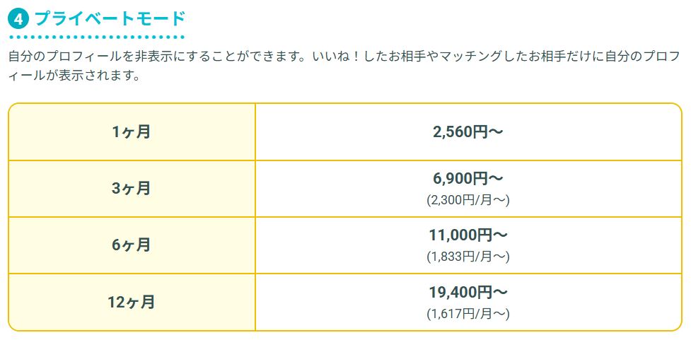 Pairs公式サイトに記載されているプライベートモードの料金表画面
