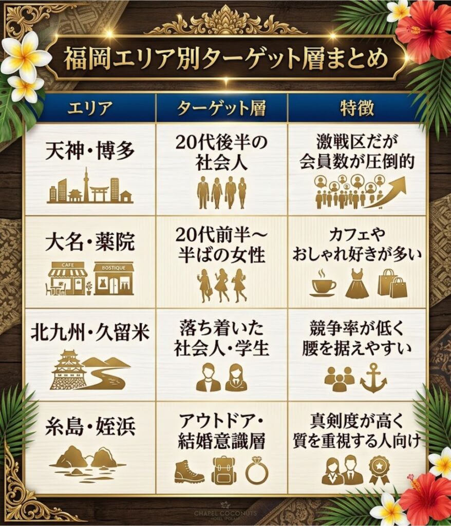福岡のエリア別ターゲット層をまとめた比較表。天神・博多、大名・薬院、北九州・久留米、糸島・姪浜の各エリアの客層と特徴を整理
