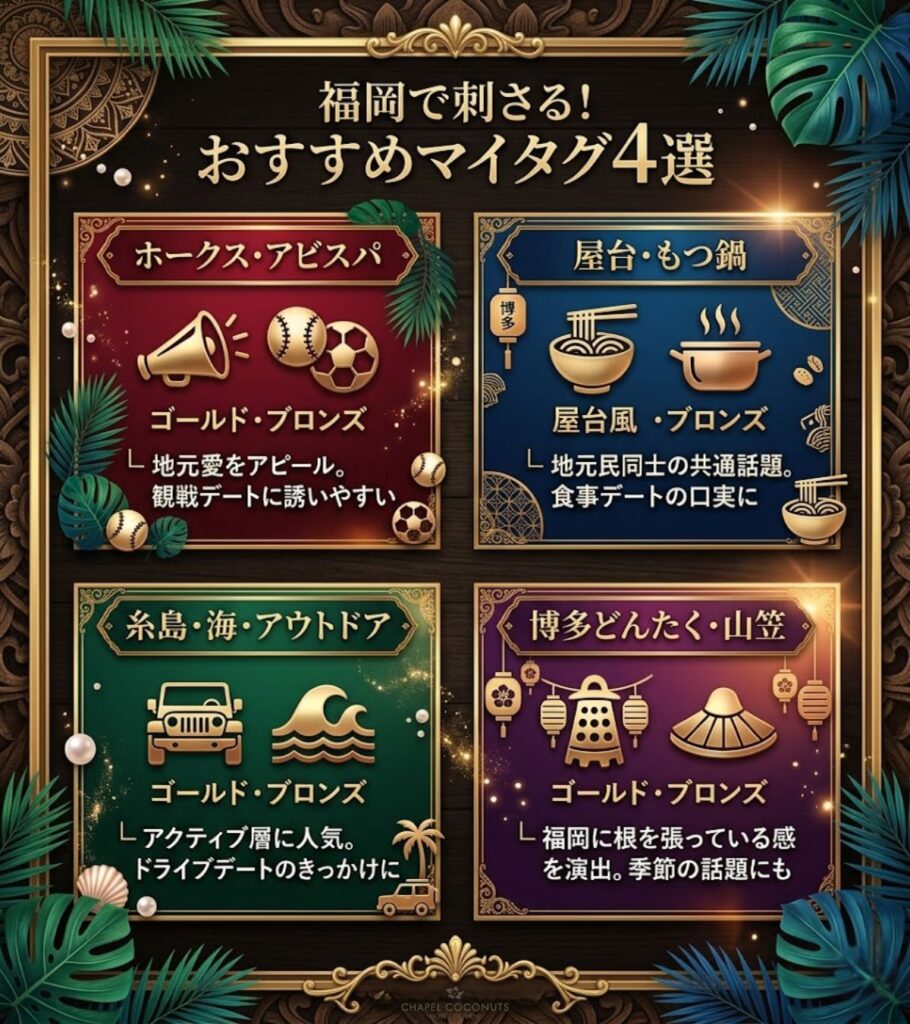 Pairs福岡でおすすめのマイタグ4選。ホークス・アビスパ、屋台・もつ鍋、糸島・海・アウトドア、博多どんたく・山笠の活用メリットを解説