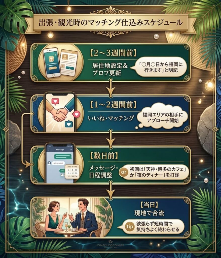 出張や観光時のマッチング仕込みスケジュール。到着2〜3週間前の居住地設定から、当日の合流までのタイムラインを図解