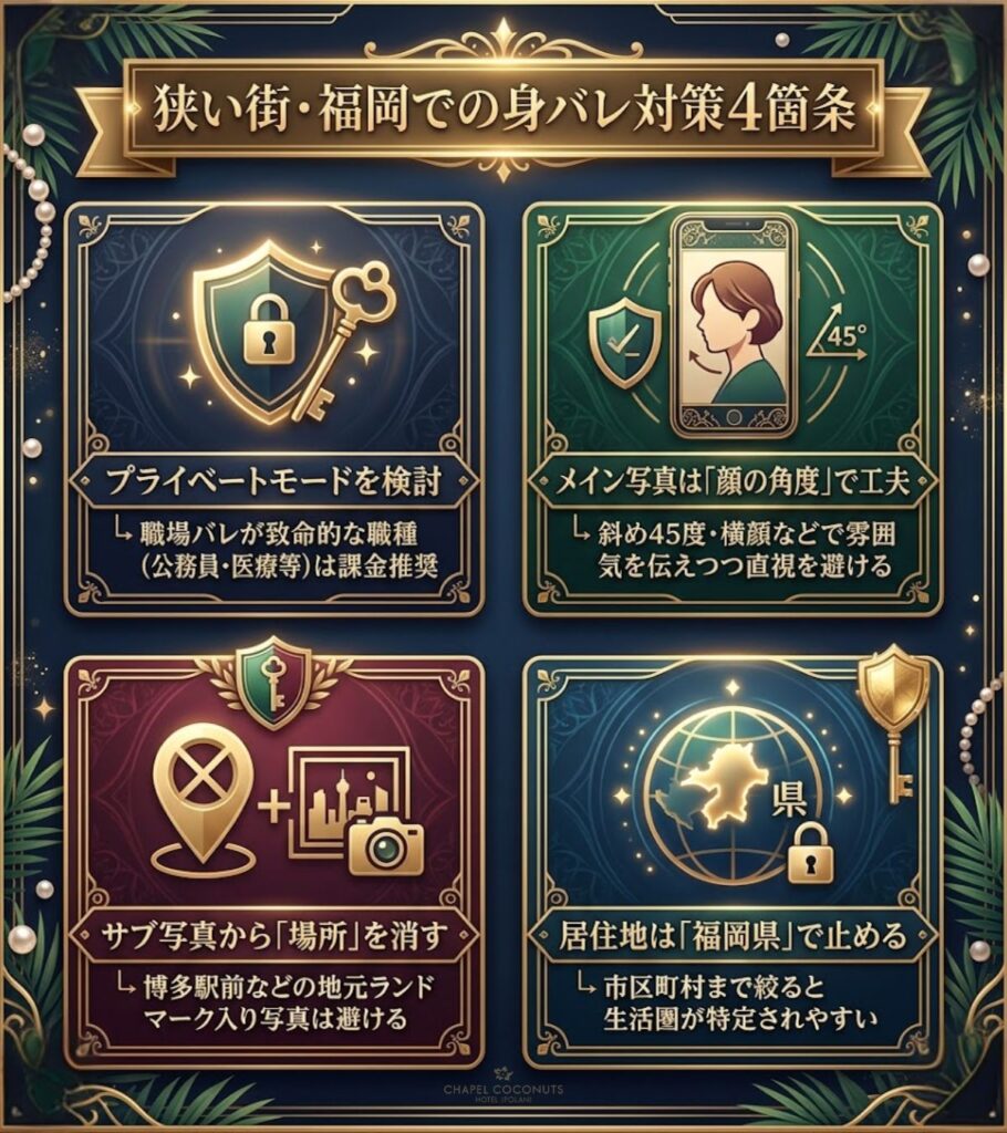 Pairs福岡での身バレ対策4箇条。プライベートモードの活用、写真の角度工夫、ランドマーク写真の回避、居住地設定のコツを図解