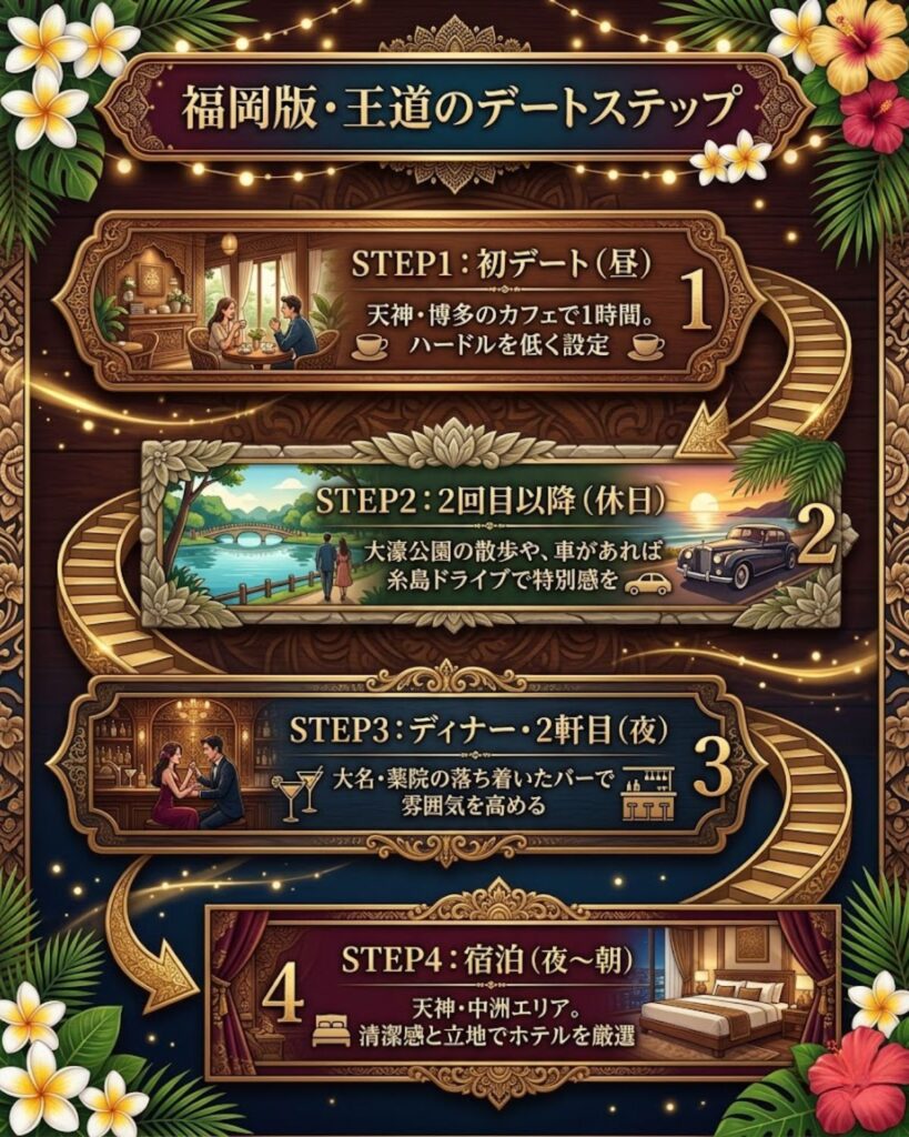 福岡版の王道デートステップ。初回の天神カフェから、大濠公園・糸島ドライブ、夜の中洲バー、天神・中洲での宿泊までの流れ
