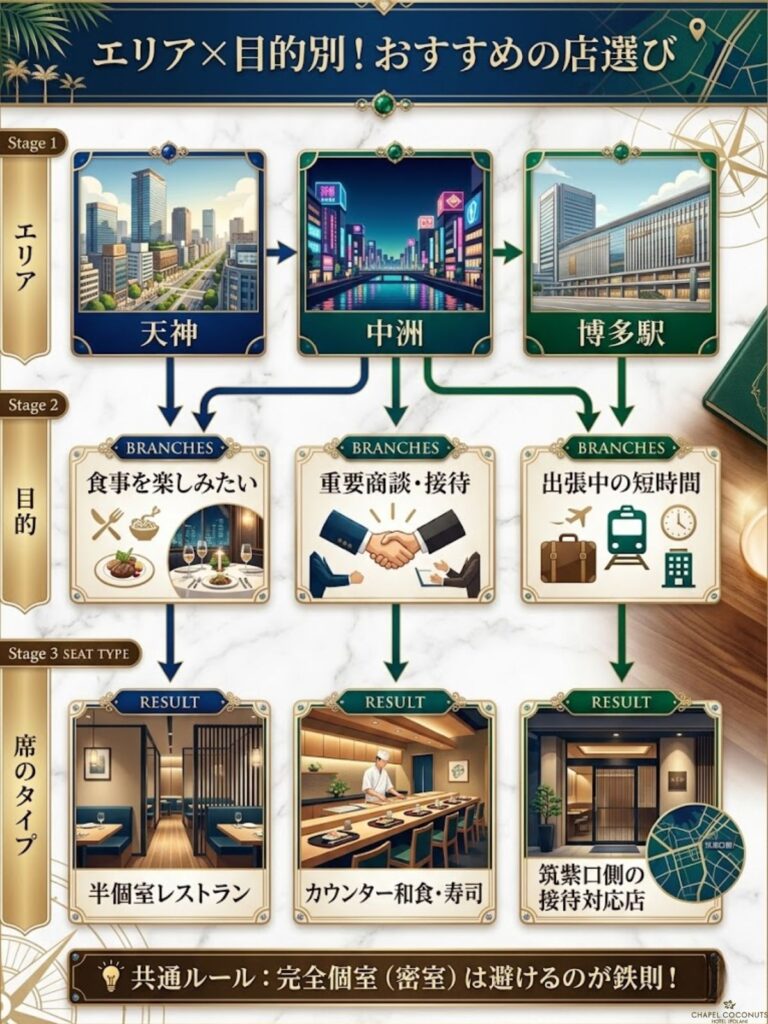 天神、中洲、博多駅の各エリアにおけるpato利用の推奨シーンと、おすすめの席タイプを診断するフローチャート