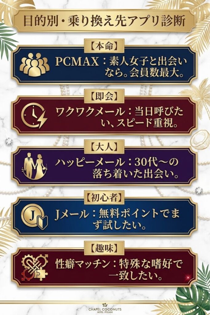 PCMAX、ワクワクメール、ハッピーメールなど、patoの代替となる出会い系アプリ5選の強みを比較した画像