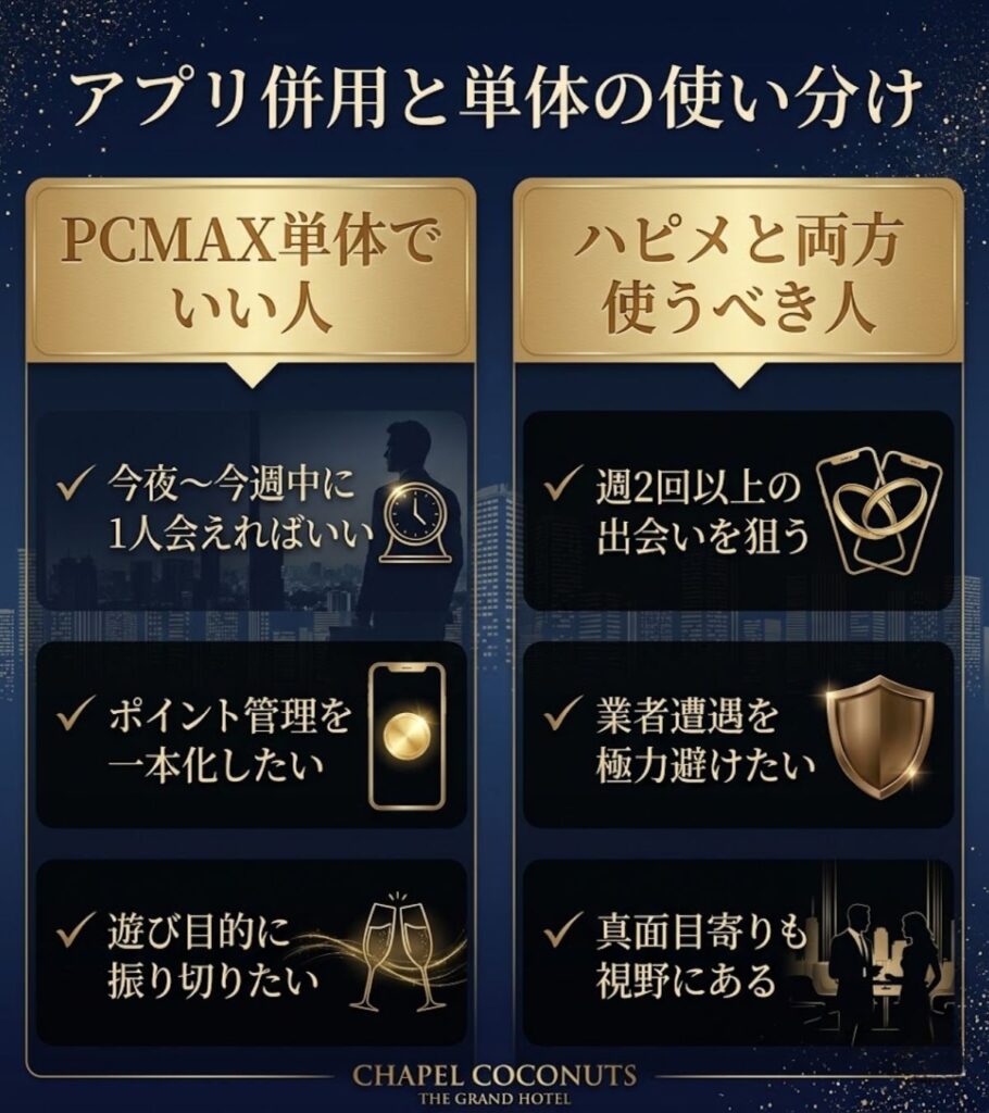 PCMAX単体でいい人とハッピーメールを併用すべき人の特徴を比較した図解