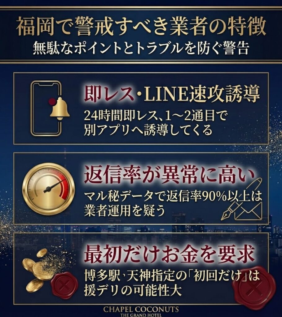 福岡のPCMAXで業者を見抜く3つのポイント。即レス誘導、高い返信率、金銭要求に注意