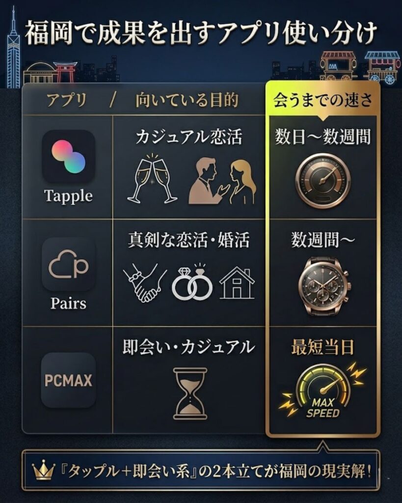 福岡でのアプリ使い分け比較表。タップルはカジュアル恋活、Pairsは真剣婚活、PCMAXは最短当日の即会い向きであることを整理