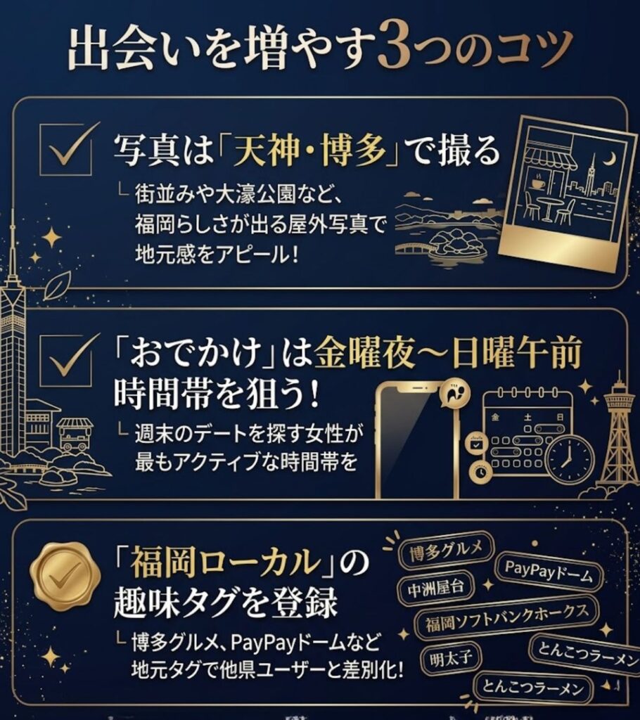 福岡タップルで出会うための3つのコツ。天神・博多での写真撮影、金曜夜〜日曜午前のおでかけ機能活用、福岡ローカルな趣味タグの登録を図解