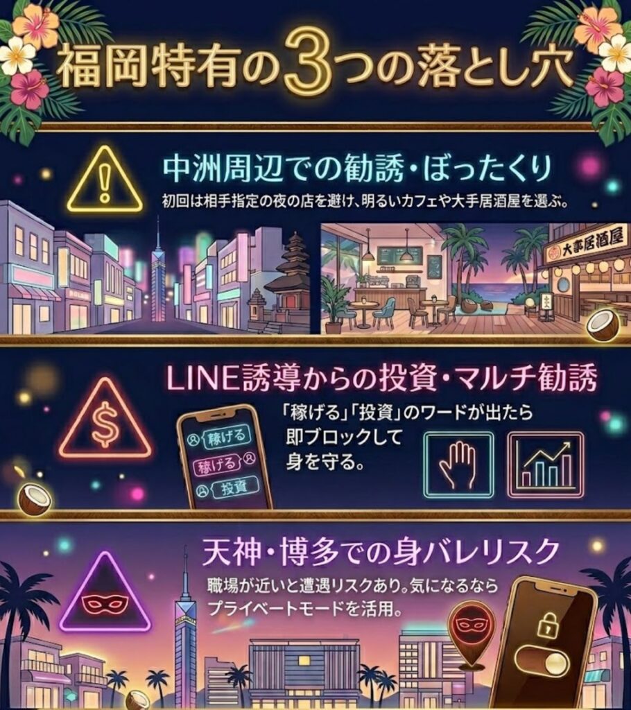 タップル福岡で気をつけるべき落とし穴。中洲周辺の勧誘・ぼったくり、LINEでの投資勧誘、天神・博多での身バレへの注意喚起と対策を図解