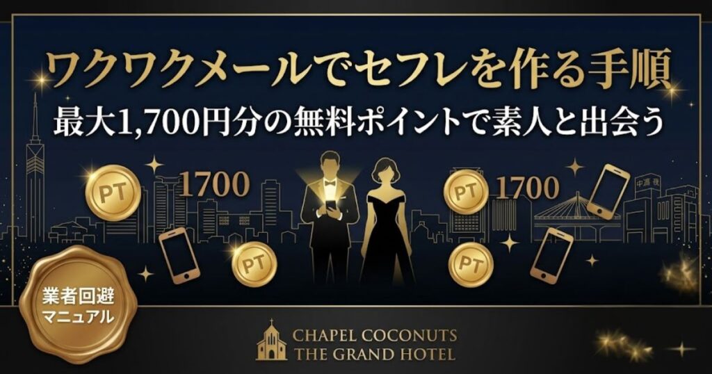 ワクワクメールでセフレを作る手順のアイキャッチ。最大1,700円分の無料ポイントで素人と出会う方法を解説