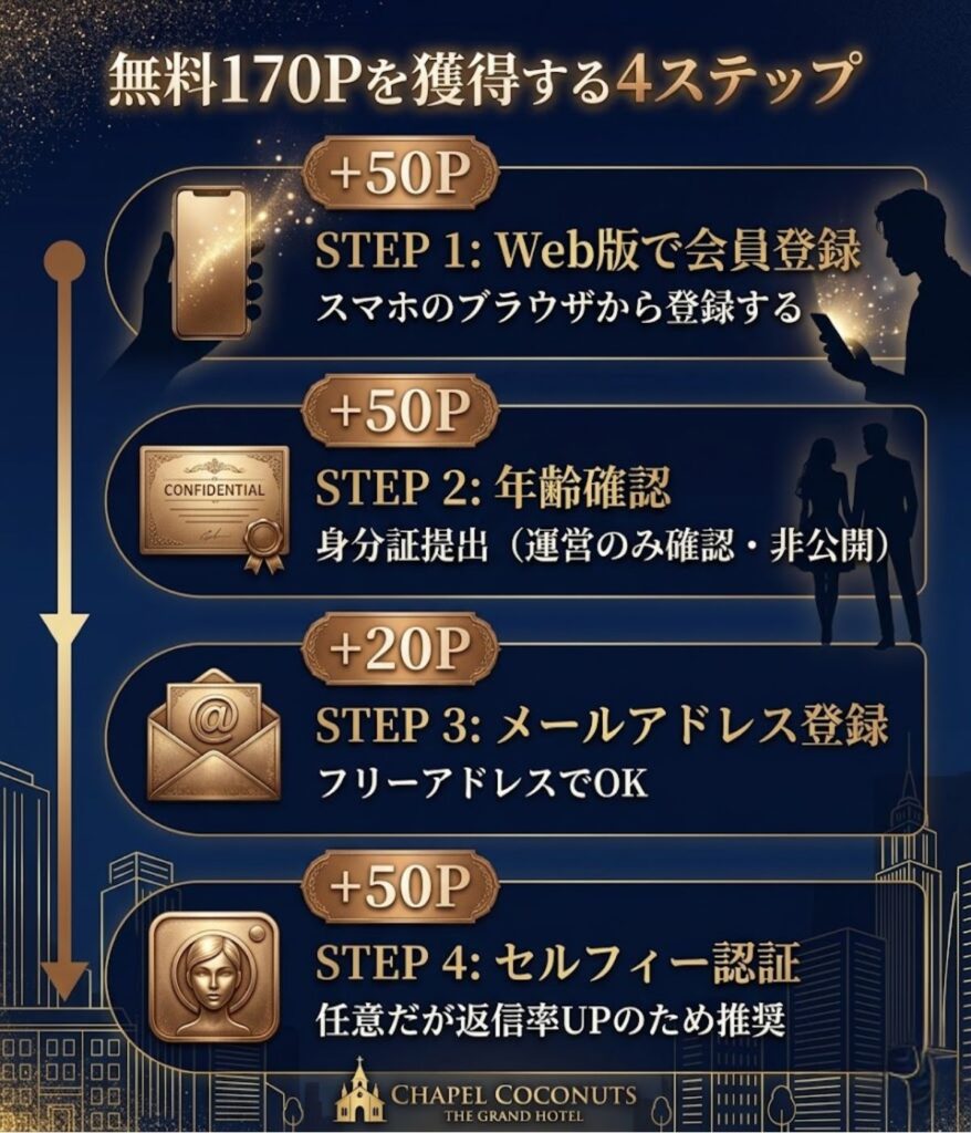 ワクワクメールで無料170Pを獲得する4ステップを図解。Web登録、年齢確認、メアド登録、セルフィー認証で合計170P