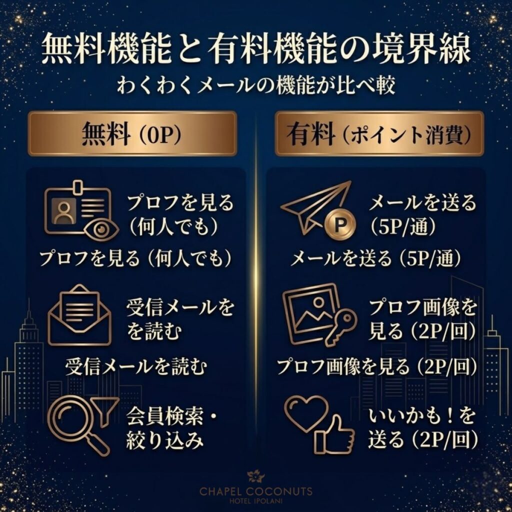 ワクワクメールの無料機能と有料機能の境界線を図解。プロフ閲覧や受信メール確認は0円、メール送信や画像閲覧はポイント消費
