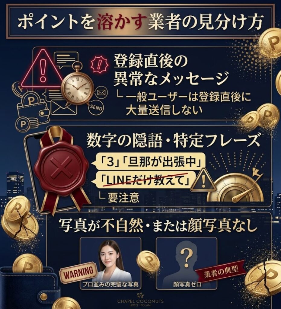 ワクワクメールでポイントを溶かす業者の見分け方を図解。登録直後のメッセージ、特定フレーズ、不自然な写真に注意