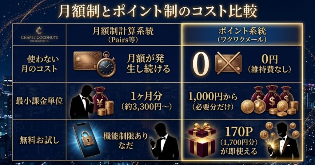 月額課金制アプリとポイント制のワクワクメールのコスト比較表。使わない月は0円、最小課金単位、無料お試しの違いを整理