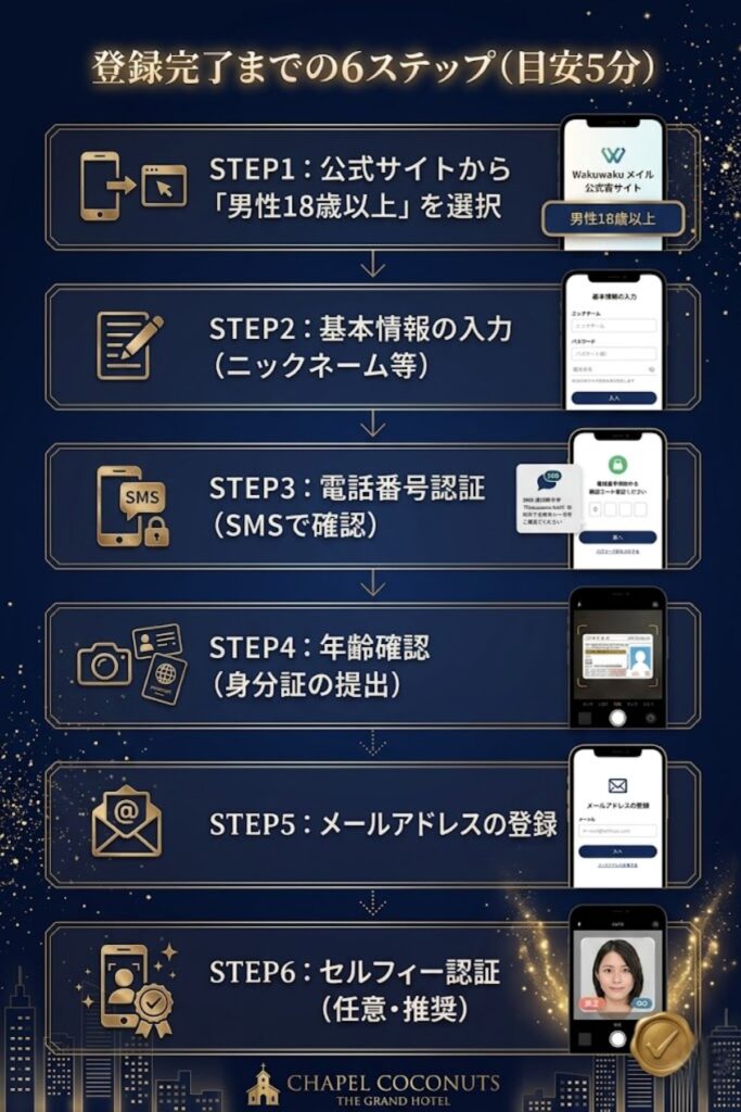 ワクワクメールの登録完了までの6ステップを図解。公式サイトへのアクセスから基本情報入力、年齢確認、セルフィー認証までの流れ