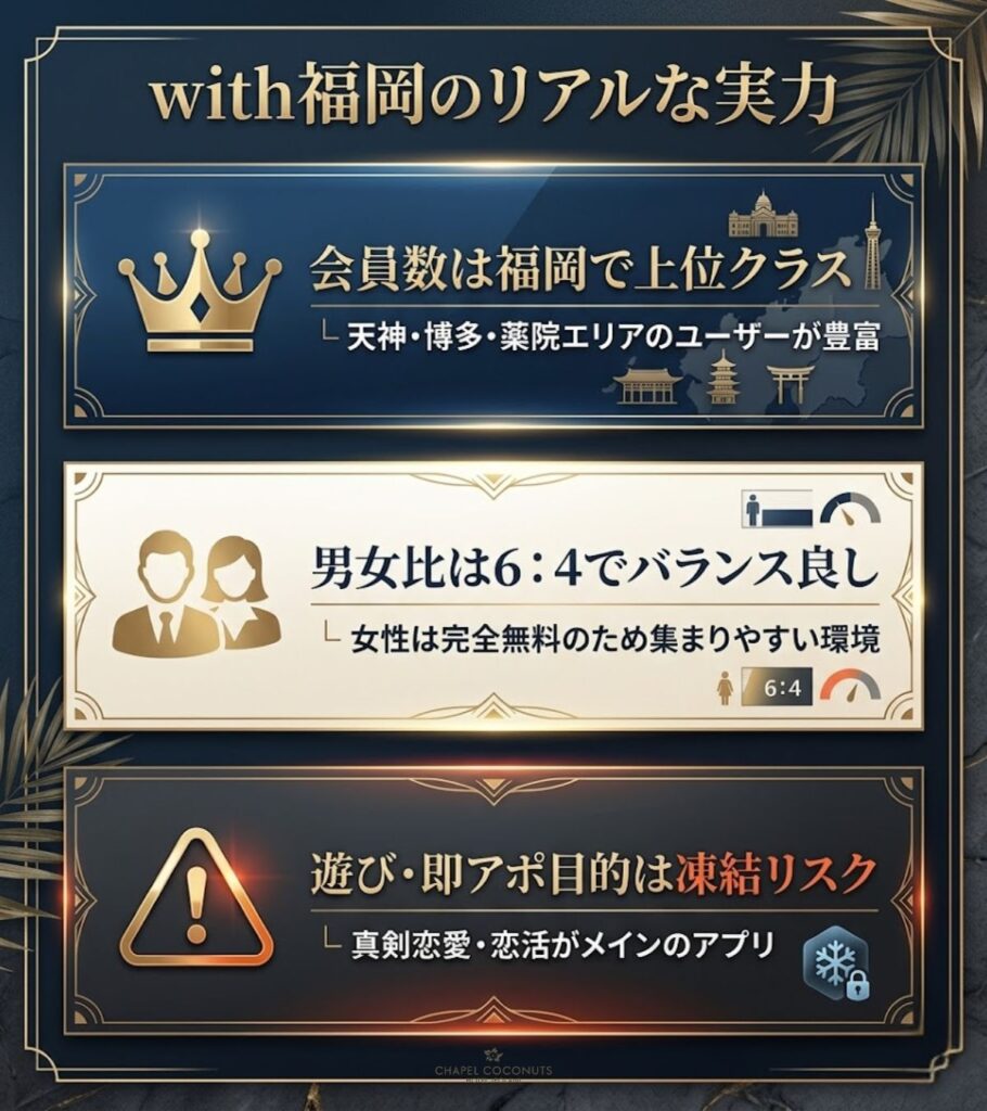 with福岡の実力を図解。福岡で上位クラスの会員規模、男女比6対4、遊び目的は凍結リスクがあることを整理