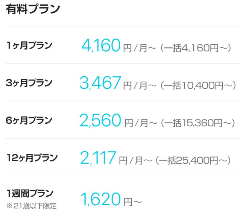 with公式サイトの男性料金表と女性無料の記載（2026年4月時点）。1ヶ月プラン4,160円などの料金体系が確認できます