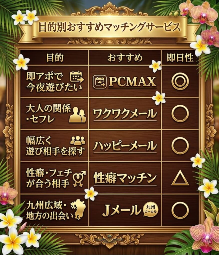 目的別おすすめマッチングサービスの比較表。即アポ、大人の関係、遊び、性癖、九州広域の各目的に合ったアプリと即日性を整理