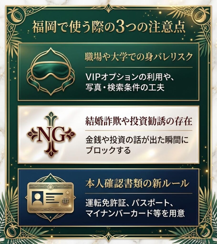 with福岡で気をつけたい3つのリスクを図解。身バレ対策、詐欺への警戒とブロック、新しい本人確認ルールへの対応を整理