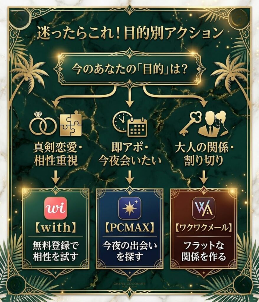 目的別のアクション条件分岐フロー。真剣恋愛ならwith、即アポならPCMAX、大人の関係ならワクワクメールを選択する流れを図解