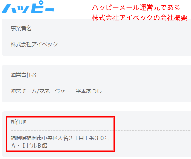 ハッピーメールの運営元が福岡市中央区にある株式会社アイベックであることを示す公式会社概要ページ