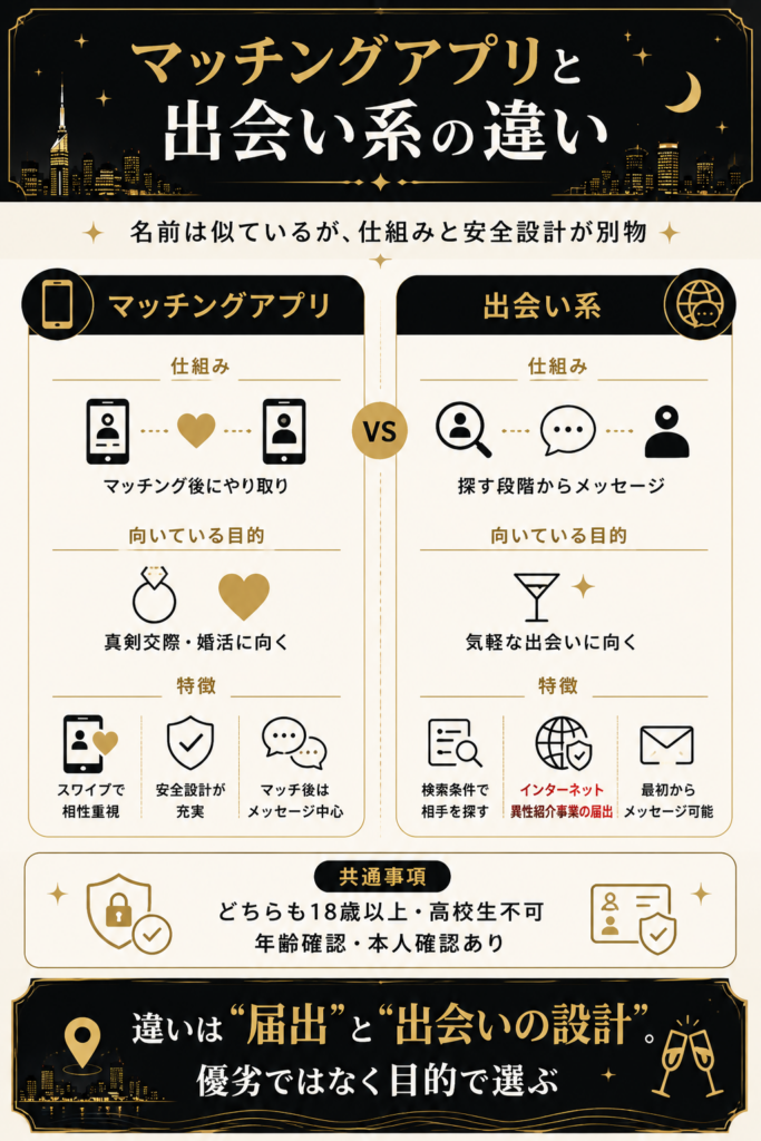 マッチングアプリと出会い系の仕組みと届出の違いを左右で対比した図解